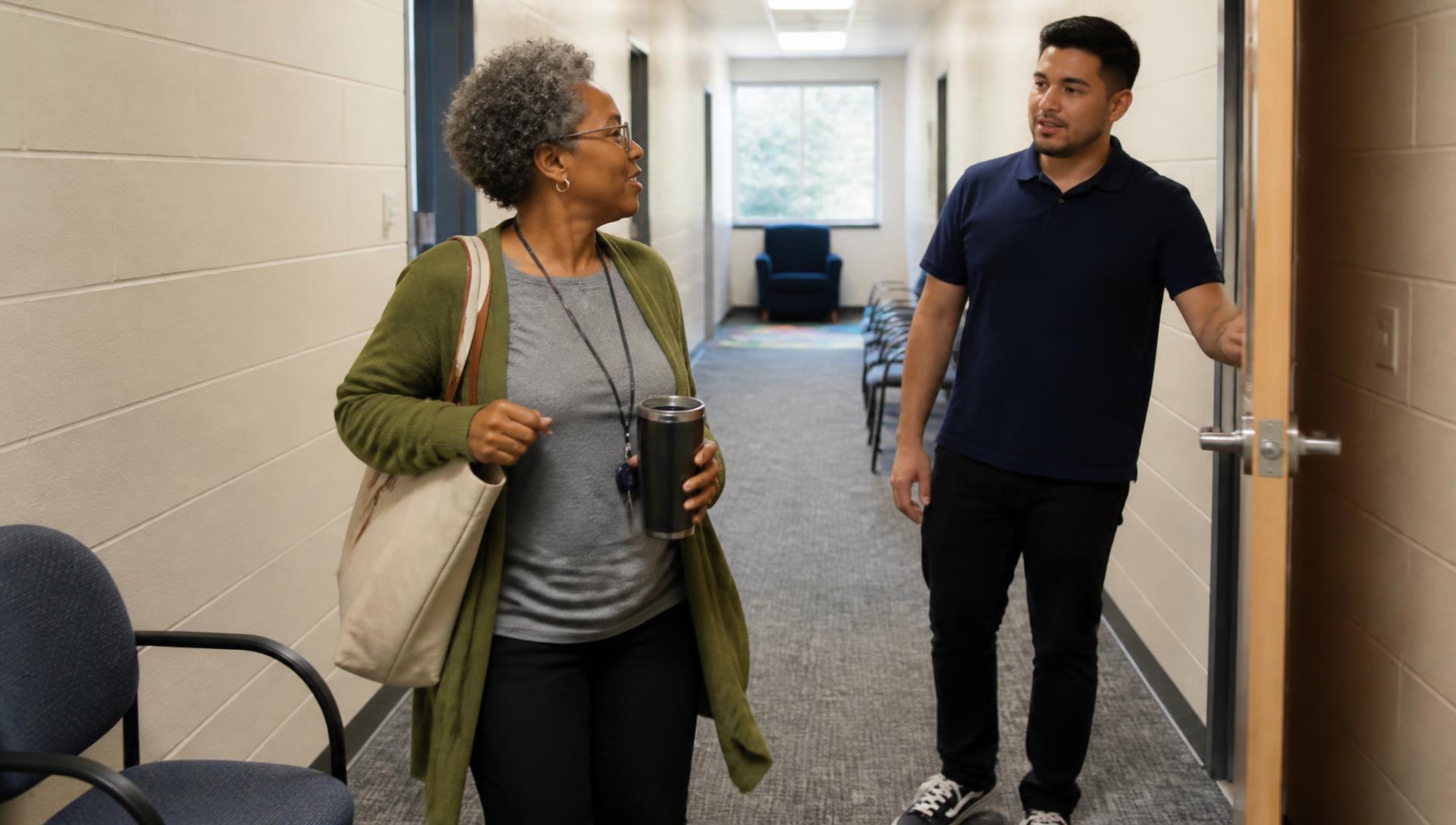 A behavior analyst arriving at a community clinic in the morning as a colleague holds the door.