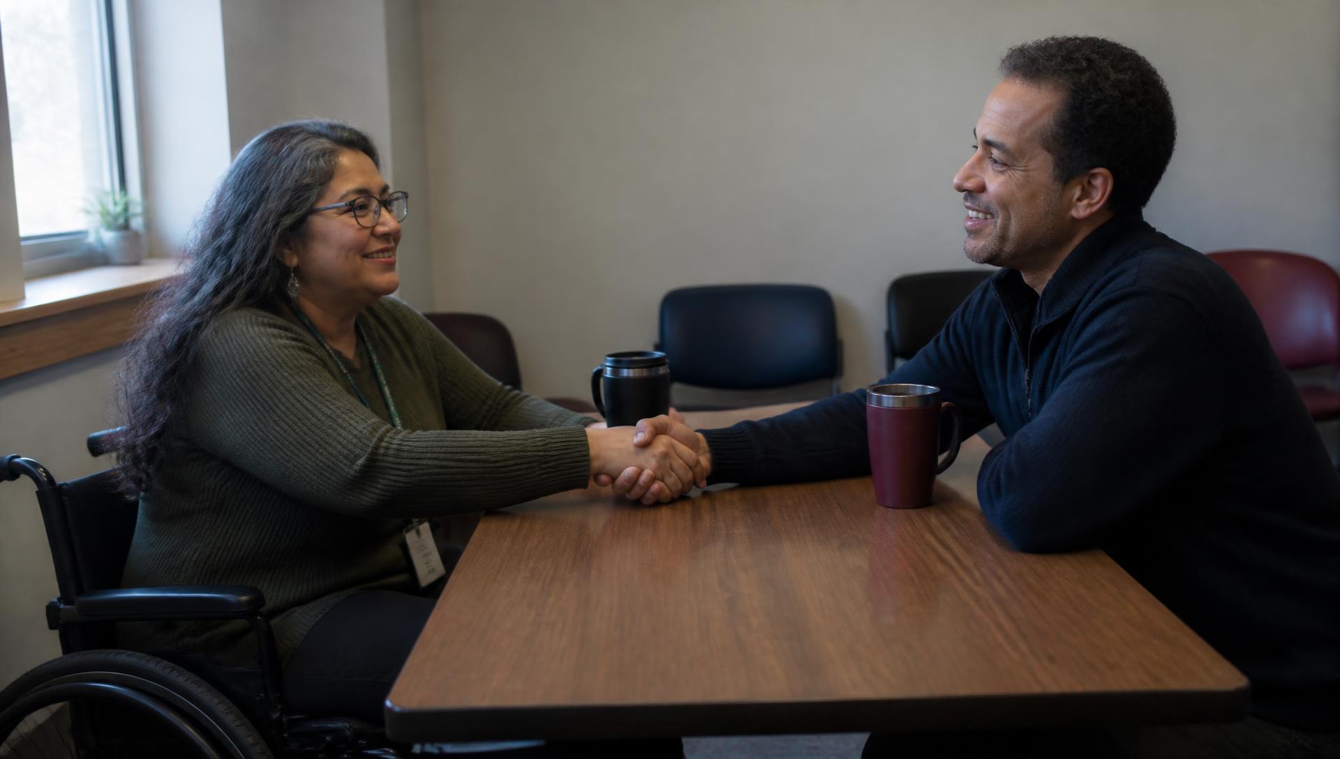 A clinical director and a hiring lead shaking hands across a meeting-room table.